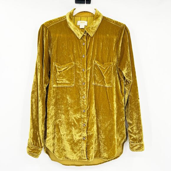 Anthropologie Maeve Womens Karina Crushed‎ Velvet Button Down Shirt Size 8 Gold - Picture 2 of 7